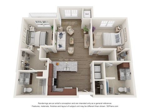 Floor plan for 2 beds, 2 baths, 1106 sqft